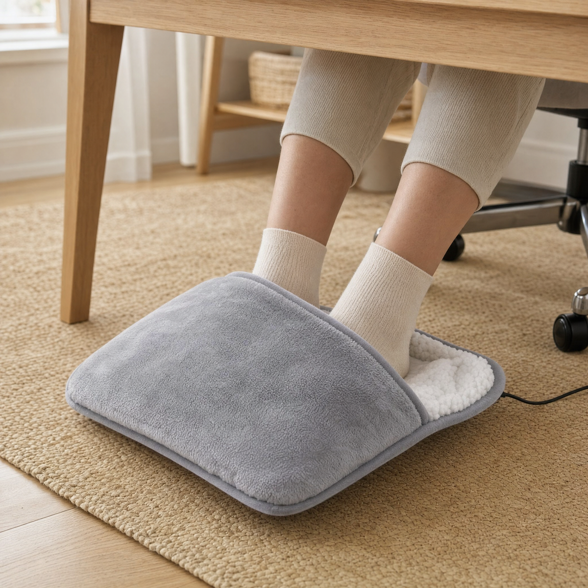 Toastie Feet heated foot warmer under a desk